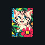 Schattigee Kitten in Pop Art schilderstijl Canvas Afdruk<br><div class="desc">Een schattige Kitten met blauw oog speelt in natuur met bloemetjes en vlinders in Pop Art Painting Style.</div>