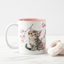 Schattigee kitten in Sakura Flowers Tweekleurige Koffiemok