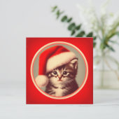 Schattigee Kitten in Santa Hat Red Retro Feestdagenkaart (Staand voorkant)