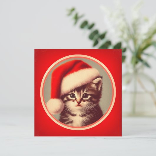 Schattigee Kitten in Santa Hat Red Retro Feestdagenkaart (Staand voorkant)