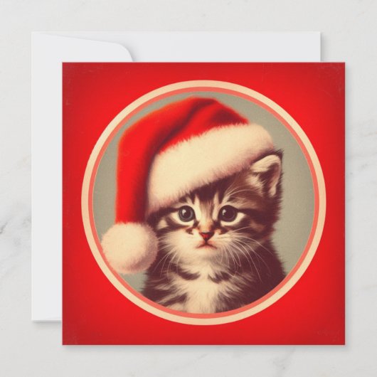 Schattigee Kitten in Santa Hat Red Retro Feestdagenkaart (Voorkant)