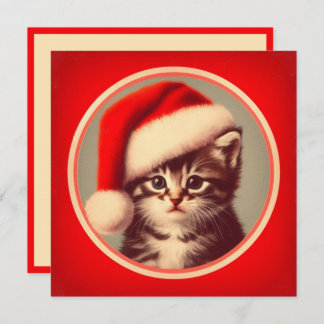 Schattigee Kitten in Santa Hat Red Retro Feestdagenkaart