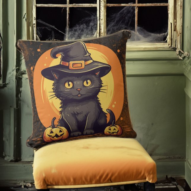 Schattigee kitten kat in heks Pet voor Halloween Kussen (Approximates 20 inch pillow size.)