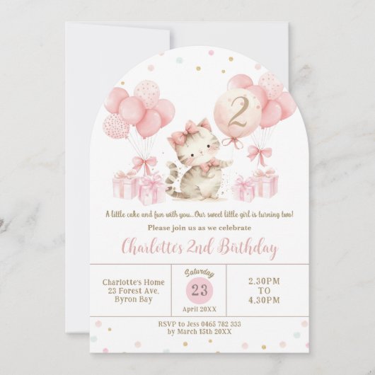Schattigee kitten kat roze ballon 1e 2e verjaardag kaart (Voorkant)