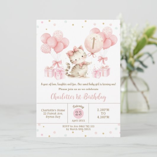 Schattigee kitten kat roze ballonnen 1e 2e 3e verj kaart (Staand voorkant)