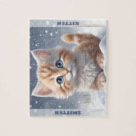 Schattigee Kitten Kat Winter Sneeuw Custom Name Legpuzzel (Verticaal)