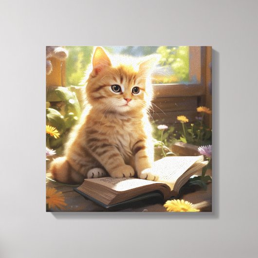 Schattigee kitten leest een boek canvas afdruk (Voorkant)