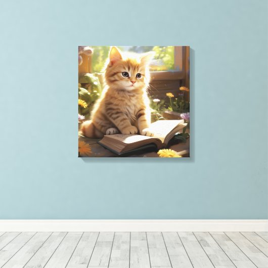Schattigee kitten leest een boek canvas afdruk (Insitu (Houten vloer))