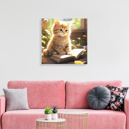Schattigee kitten leest een boek canvas afdruk (Insitu (Woonkamer))