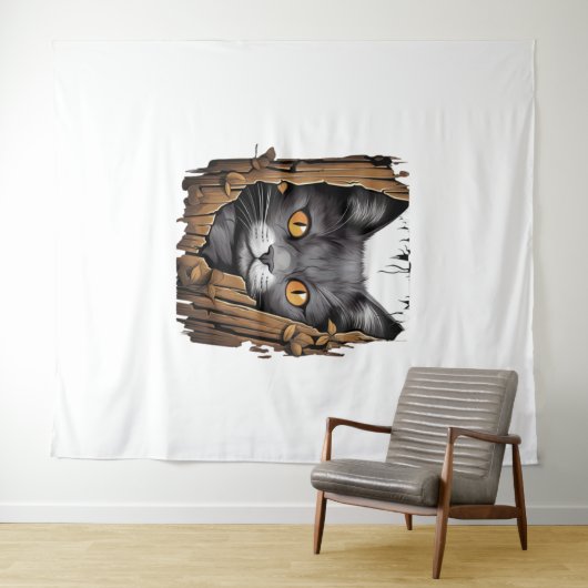 Schattigee kitten looks van gescheurde stof - Cats Wandkleed (In Situ (horizontaal))