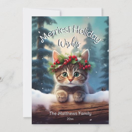 Schattigee Kitten Merriest Christmas Snowing Woodl Feestdagenkaart (Voorkant)