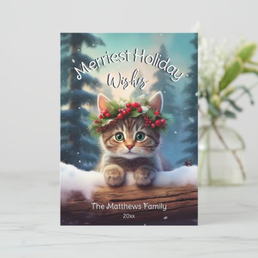 Schattigee Kitten Merriest Christmas Snowing Woodl Feestdagenkaart (Staand voorkant)