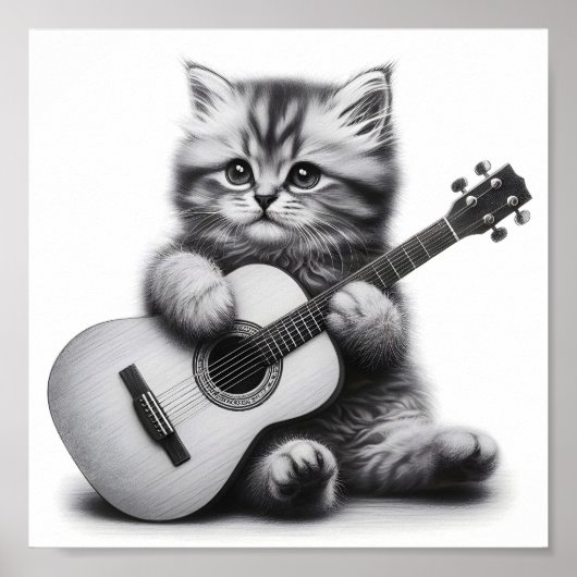 Schattigee kitten met akoestische gitaar potlood p poster (Voorkant)
