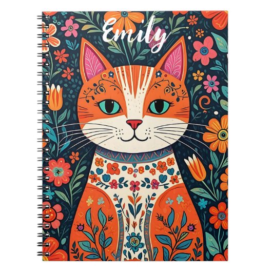 Schattigee kitten met grillige folk art bloemen notitieboek (Voorkant)