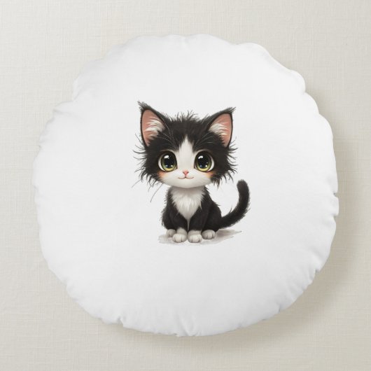 Schattigee kitten met grote ogen – Chibi Black & W Rond Kussen (Voorkant)