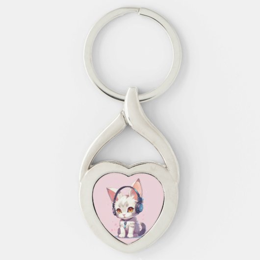 Schattigee kitten met hoofdtelefoon charme sleutelhanger (Voorkant)