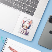 Schattigee kitten met hoofdtelefoon charme sticker (Laptop met iPhone)