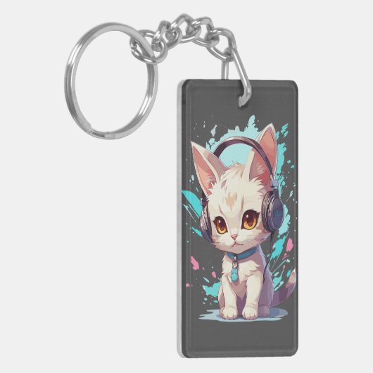Schattigee kitten met hoofdtelefoon Magic Sleutelhanger (Voorkant Links)