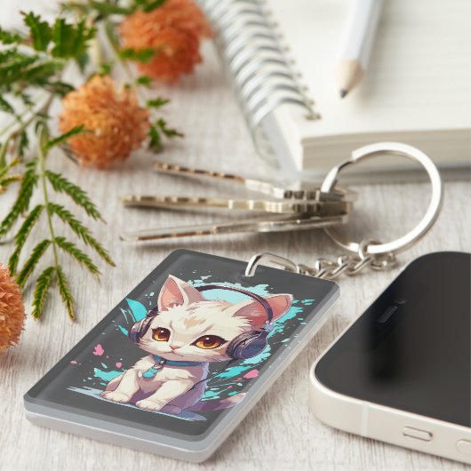 Schattigee kitten met hoofdtelefoon Magic Sleutelhanger (Voorkant Rechts)