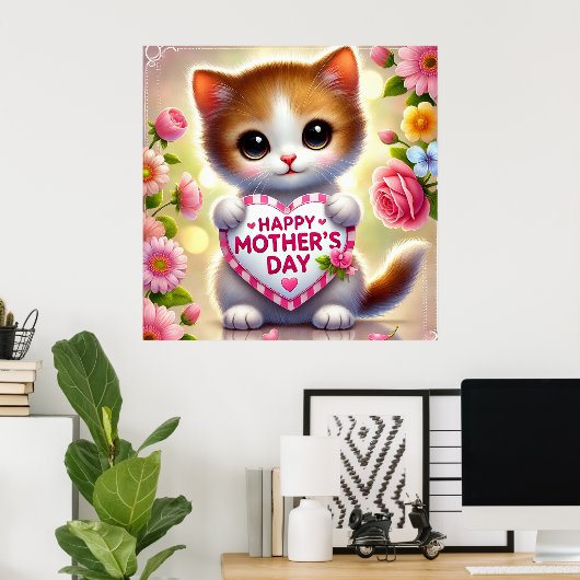 Schattigee kitten met Moederdag-hart Poster (Thuiskantoor)
