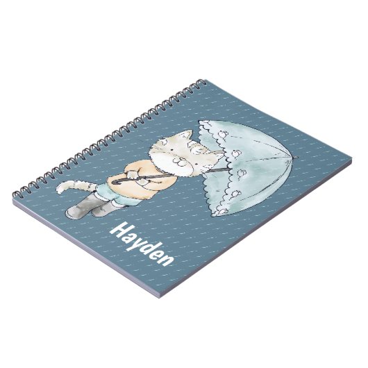 Schattigee kitten met paraplu in regenkunst gepers notitieboek (Linkerzijde)