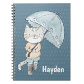 Schattigee kitten met paraplu in regenkunst gepers notitieboek (Voorkant)