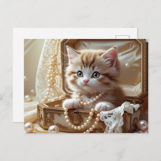 Schattigee kitten met parels in een juwelendoos briefkaart (Voorkant / Achterkant)