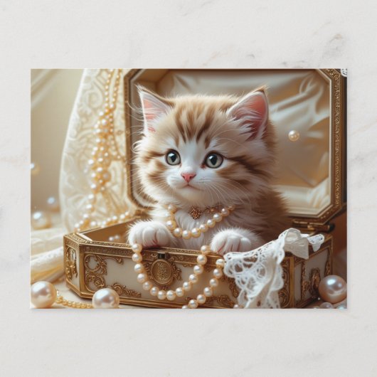 Schattigee kitten met parels in een juwelendoos briefkaart (Voorkant)