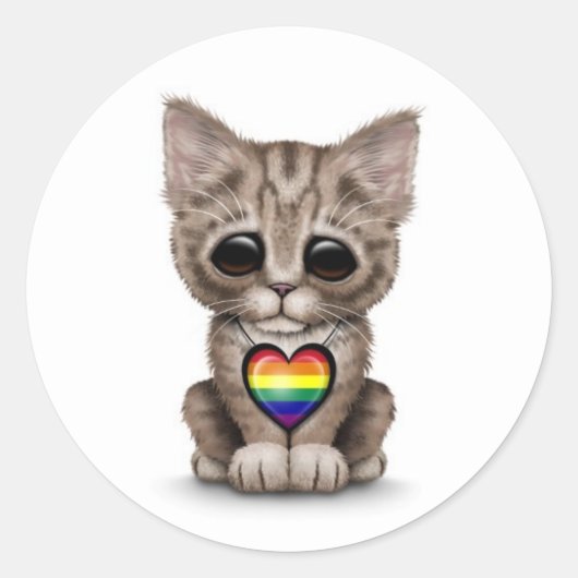 Schattigee kitten met regenboog gay pride hart, wi ronde sticker (Voorkant)