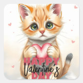 Schattigee kitten met roze hart Valentijnsdag Vierkante Sticker (Voorkant)