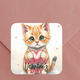 Schattigee kitten met roze hart Valentijnsdag Vierkante Sticker