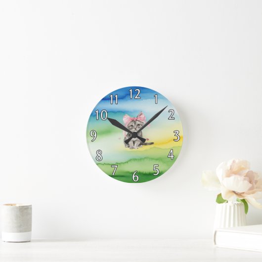 Schattigee Kitten Muurklok met Roze Boog Ronde Klok (Huis)