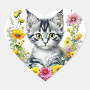 Schattigee Kitten Omgeven door Flowers Hart Sticker