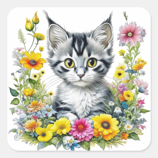 Schattigee Kitten Omgeven door Flowers Vierkante Sticker (Voorkant)