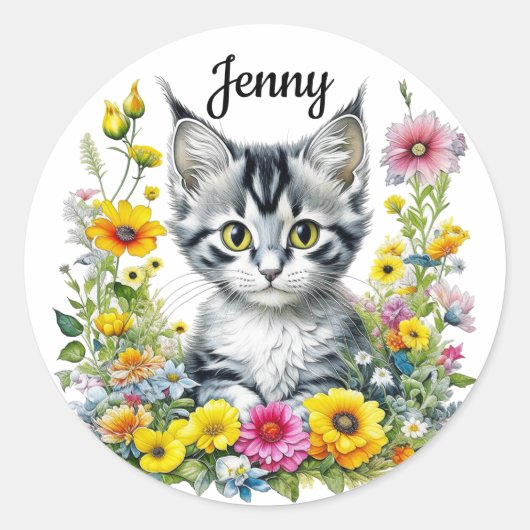Schattigee kitten omringd door bloemen gepersonali ronde sticker (Voorkant)