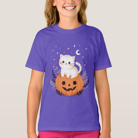 Schattigee kitten op pompoen Halloween illustratie T-shirt (Voorkant)