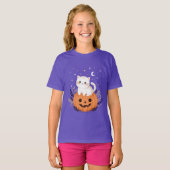 Schattigee kitten op pompoen Halloween illustratie T-shirt (Voorkant volledig)