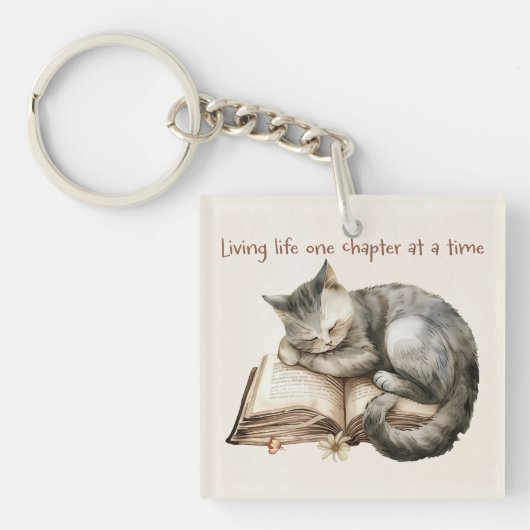 Schattigee Kitten Slapen op Open Boek Gift Sleutelhanger (Voorkant)