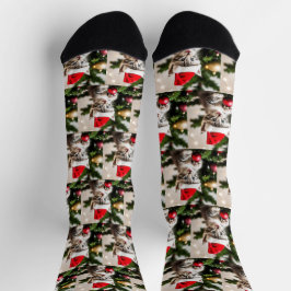 Schattigee kitten spelen met de kerstboomkat sokken