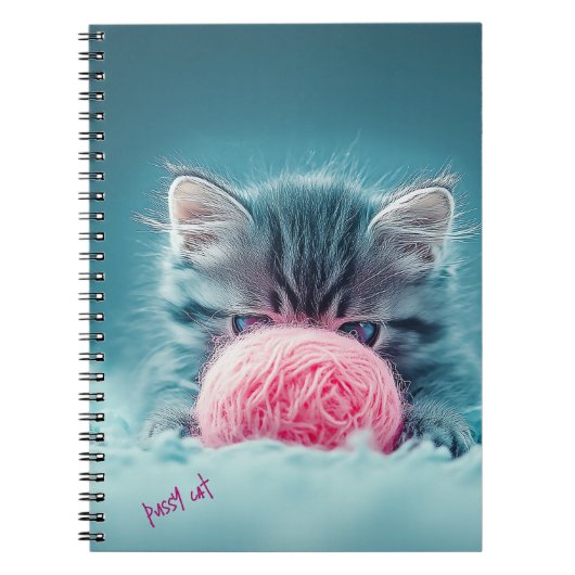 Schattigee kitten spelen met roze wollen bal notitieboek (Voorkant)