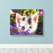 Schattigee Kitten Spring Flowers Tuin Kat Foto Canvas Afdruk (Insitu (Houten vloer))
