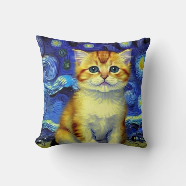 Schattigee kitten Sterrennacht Van Gogh Kussen (Voorkant)