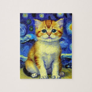 Schattigee kitten Sterrennacht Van Gogh Legpuzzel