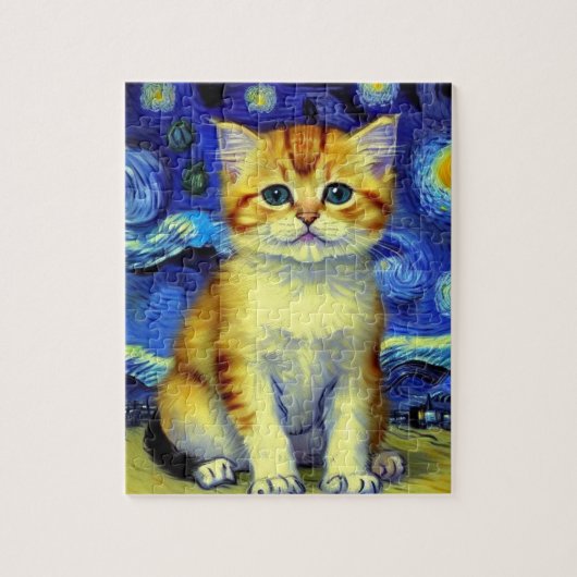 Schattigee kitten Sterrennacht Van Gogh Legpuzzel (Verticaal)