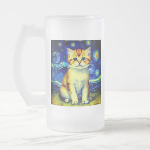 Schattigee kitten Sterrennacht Van Gogh Matglas Bierpul