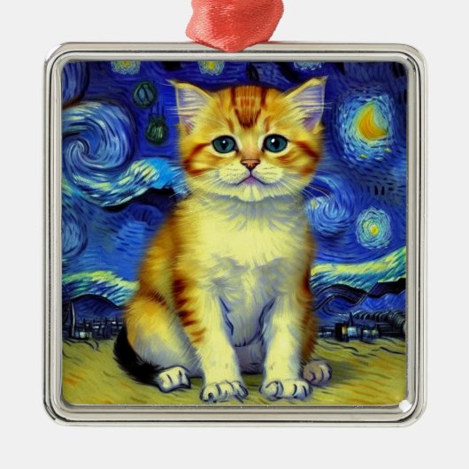 Schattigee kitten Sterrennacht Van Gogh Metalen Ornament (Voorkant)