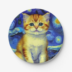 Schattigee kitten Sterrennacht Van Gogh Papieren Bordje