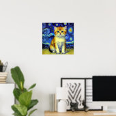 Schattigee kitten Sterrennacht Van Gogh Poster (Thuiskantoor)