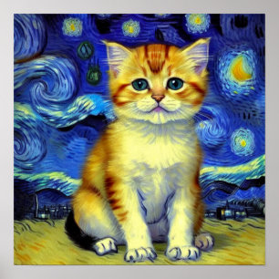 Schattigee kitten Sterrennacht Van Gogh Poster