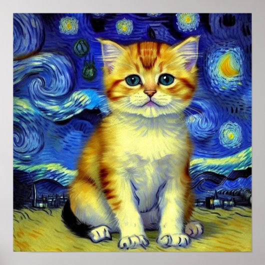 Schattigee kitten Sterrennacht Van Gogh Poster (Voorkant)